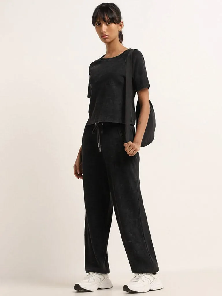 Studiofit Black Waffle Textured High-Rise Cotton Track Pants