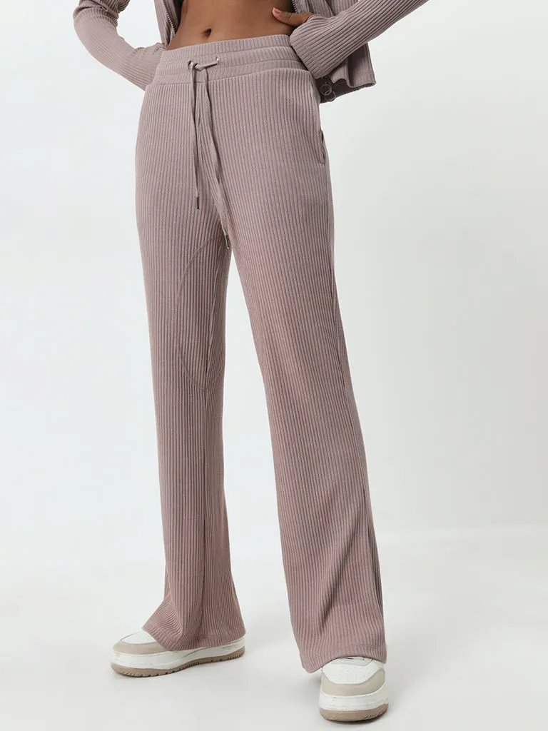 Studiofit Light Brown Ribbed Textured High-Rise Track Pants