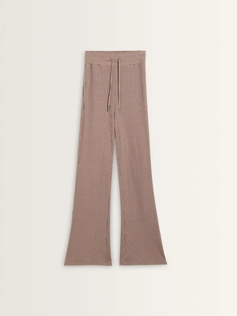 Studiofit Light Brown Ribbed Textured High-Rise Track Pants