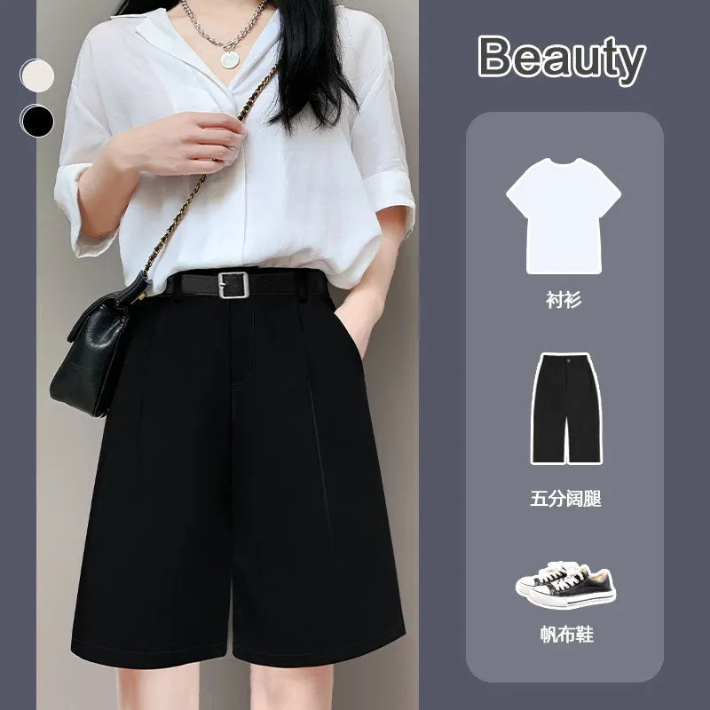 Suits Shorts Women Summer Thin Loose Straight INS Pants High Waist Chiffon Bermuda Shorts