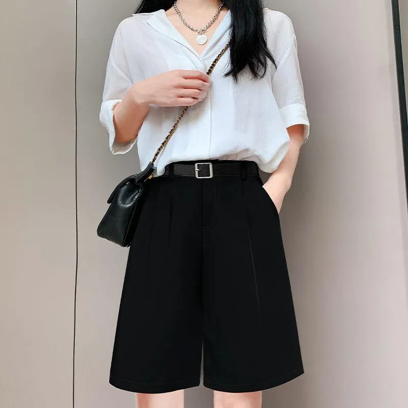 Suits Shorts Women Summer Thin Loose Straight INS Pants High Waist Chiffon Bermuda Shorts