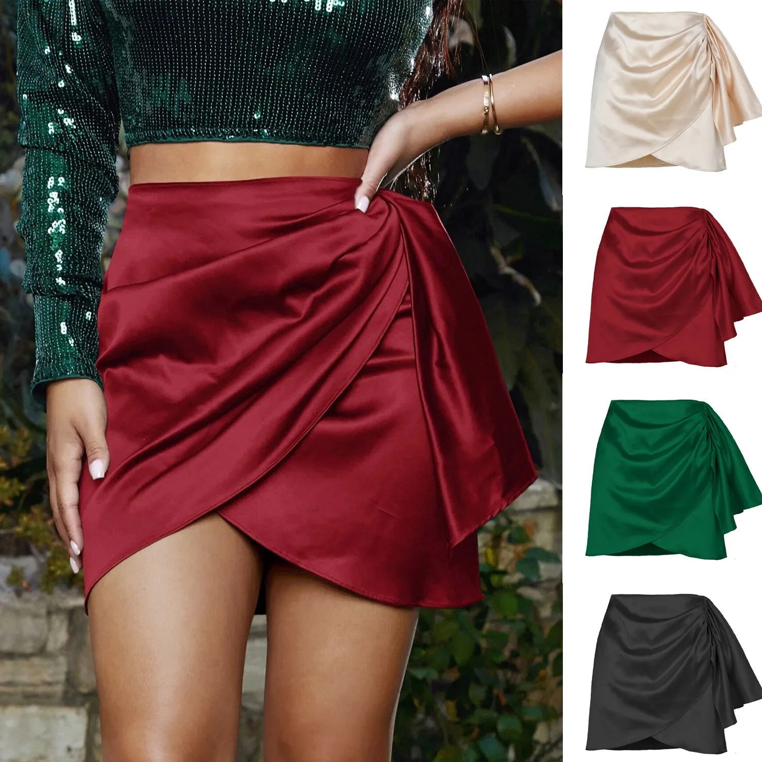 Summer Irregular Zipper Pleated Sexy Solid Color Satin High Waist Women's Skirt