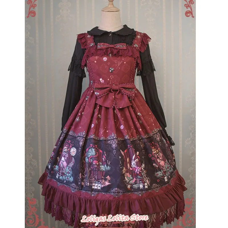 Sweet Lolita JSK Dress Alice Wonderland Series Printed Empire Waist Sleeveless Dress by Strawberry Witch