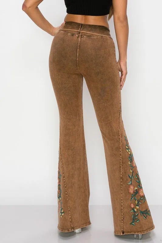 T-Party Flowers Embroidered Flare Yoga Pants - Camel