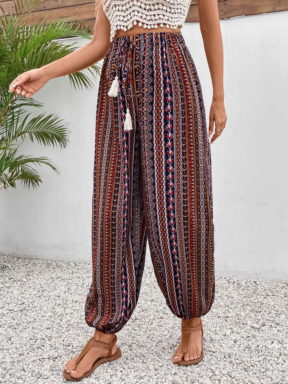 TEEK - Brown Tassel Printed High Waist Pants