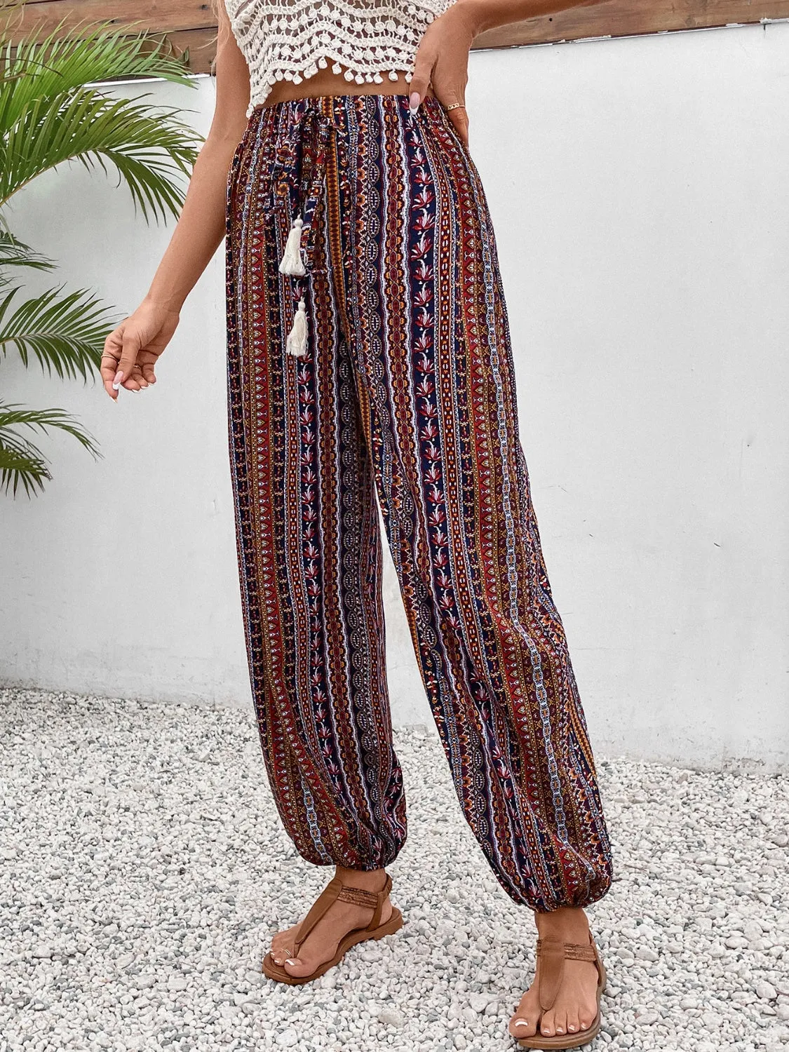 TEEK - Brown Tassel Printed High Waist Pants