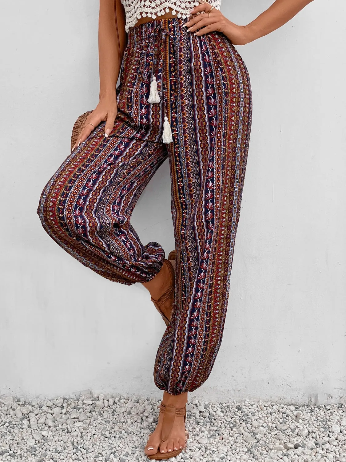 TEEK - Brown Tassel Printed High Waist Pants