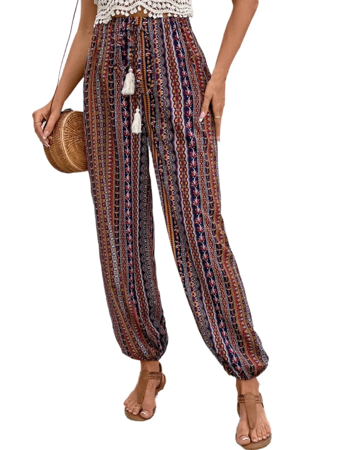 TEEK - Brown Tassel Printed High Waist Pants