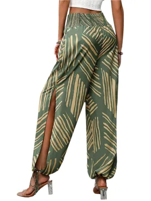 TEEK - Moss Smocked Slit High Waist Pants