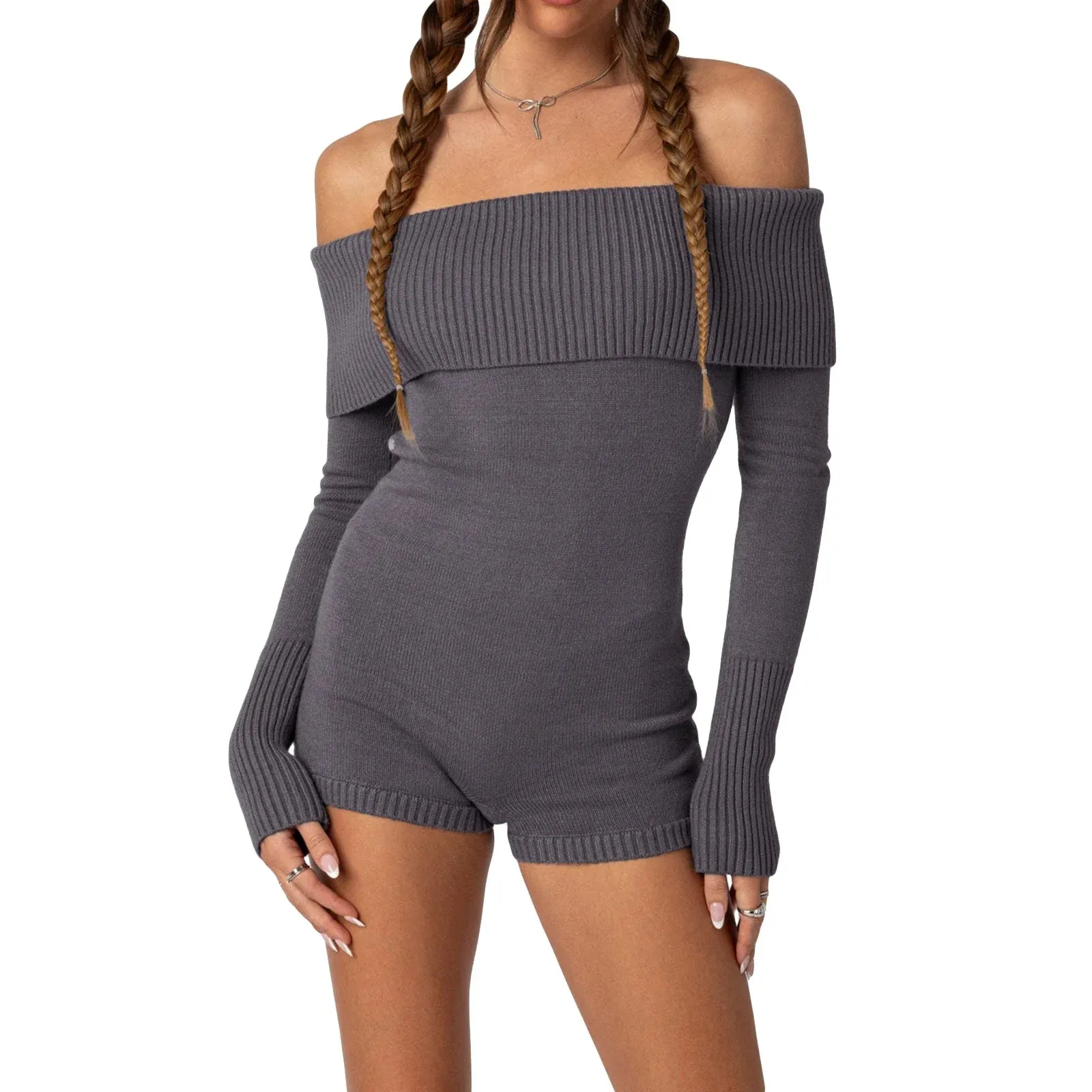 the Shoulder Long Sleeve Ribbed Solid Color Slim Sweater Off Romper