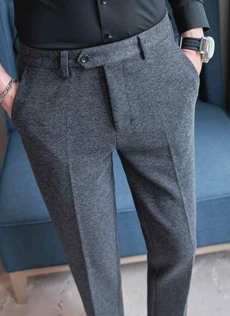 Thickened Melange Wool-Mix Trousers - Gray