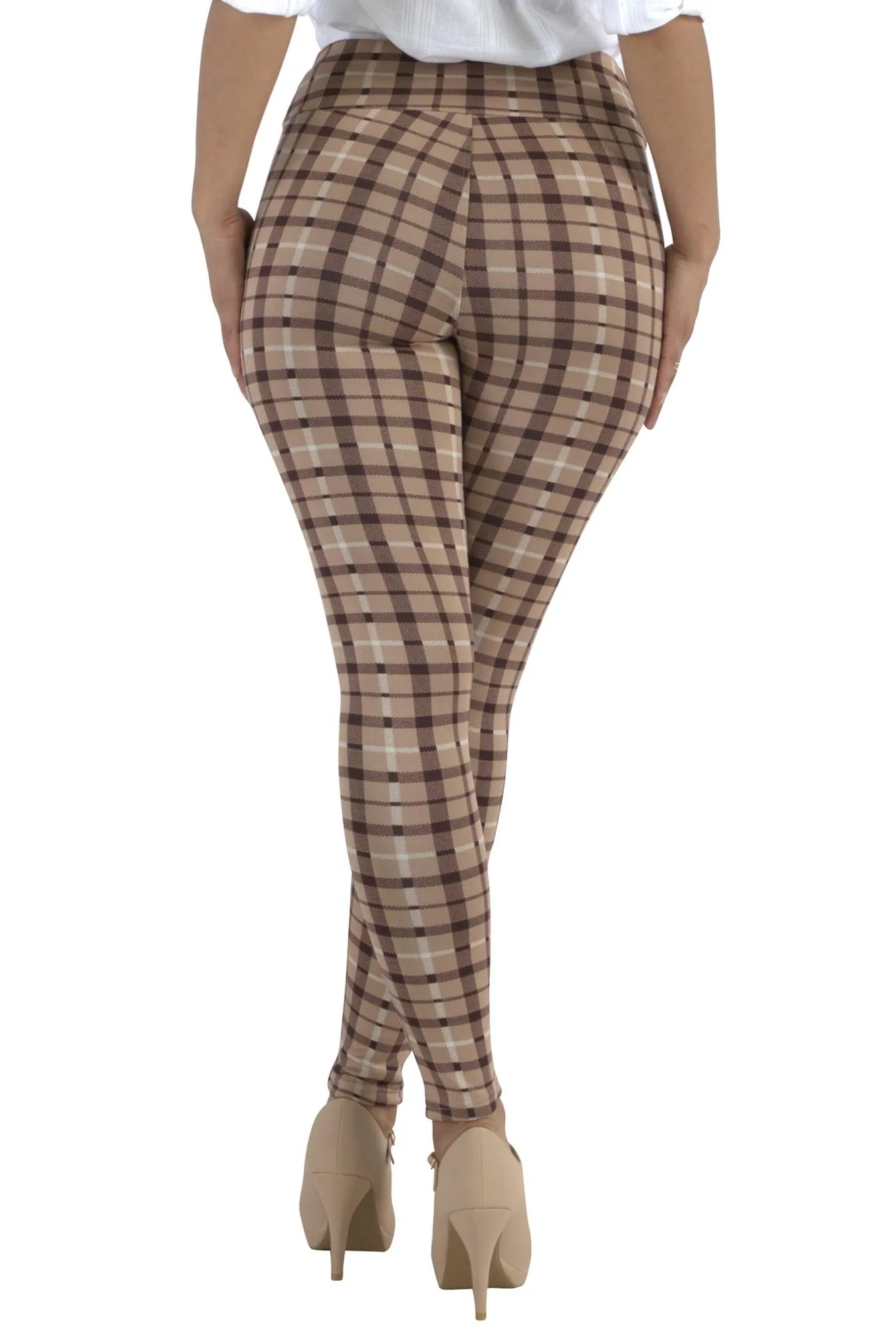 Tregging Skinny Pants With Zipper Pockets - Beige, Brown Plaid