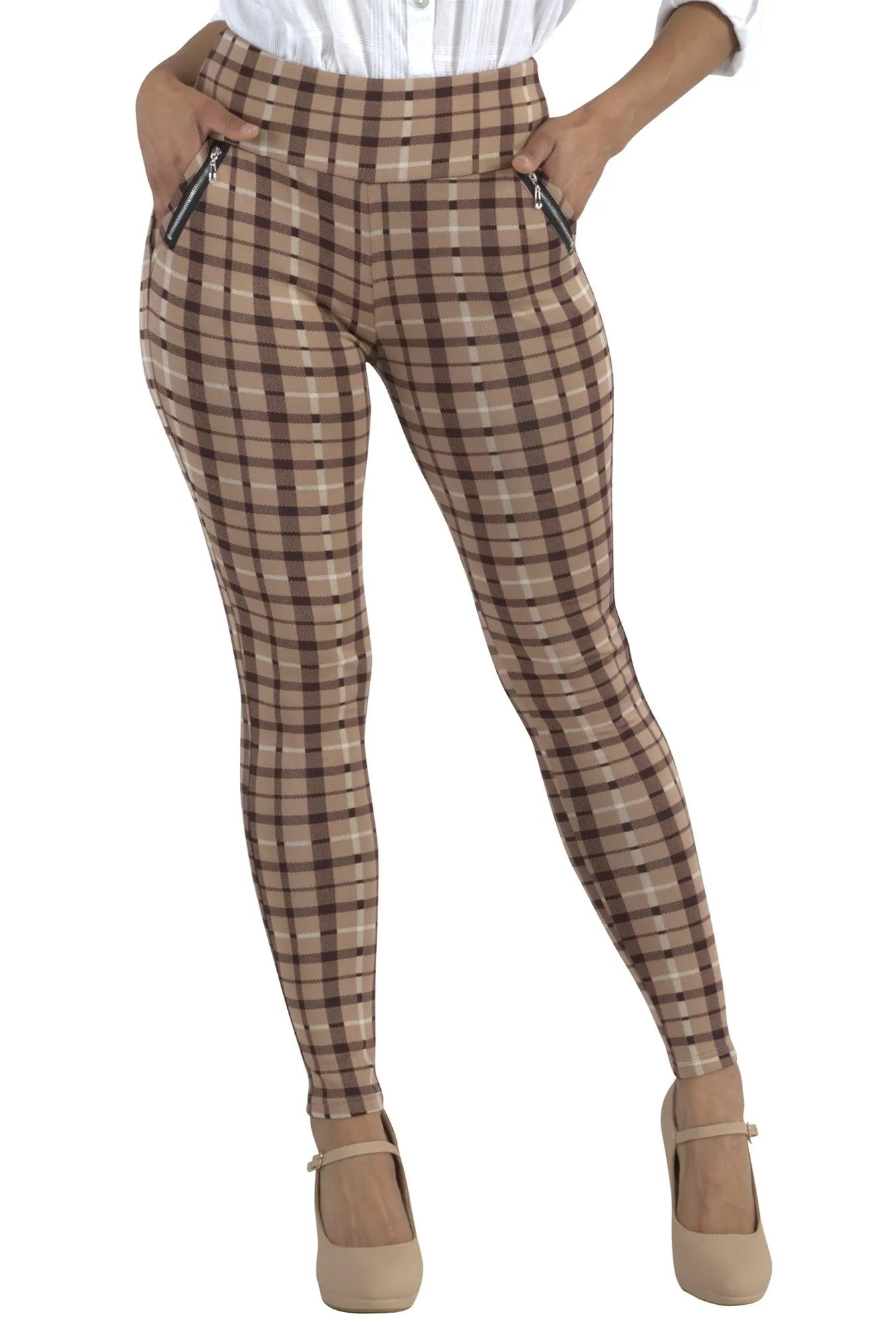 Tregging Skinny Pants With Zipper Pockets - Beige, Brown Plaid