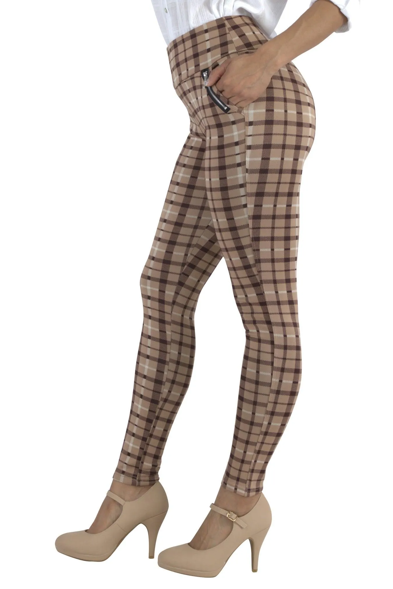 Tregging Skinny Pants With Zipper Pockets - Beige, Brown Plaid