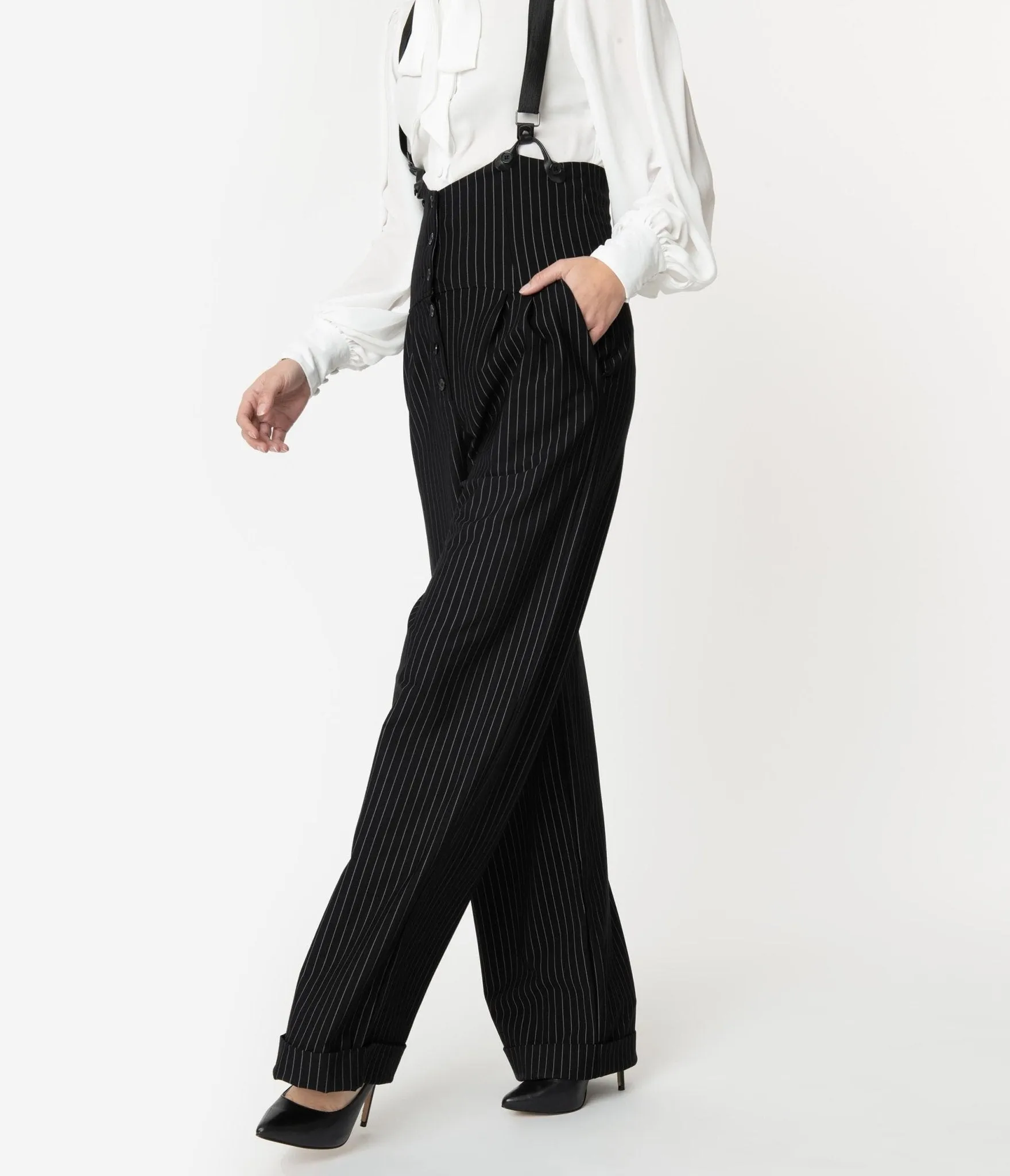 Unique Vintage 1930s Black & White Pin Stripe Thelma Suspender Pants