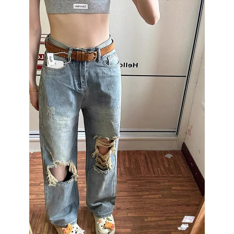 Uniwim cowgirl outfits American Retro Distressed Ripped Jeans Women's Autumn 2024 High Waist Loose Slimming Straight Wide Leg Trousers