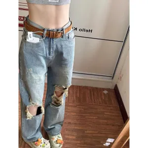 Uniwim cowgirl outfits American Retro Distressed Ripped Jeans Women's Autumn 2024 High Waist Loose Slimming Straight Wide Leg Trousers