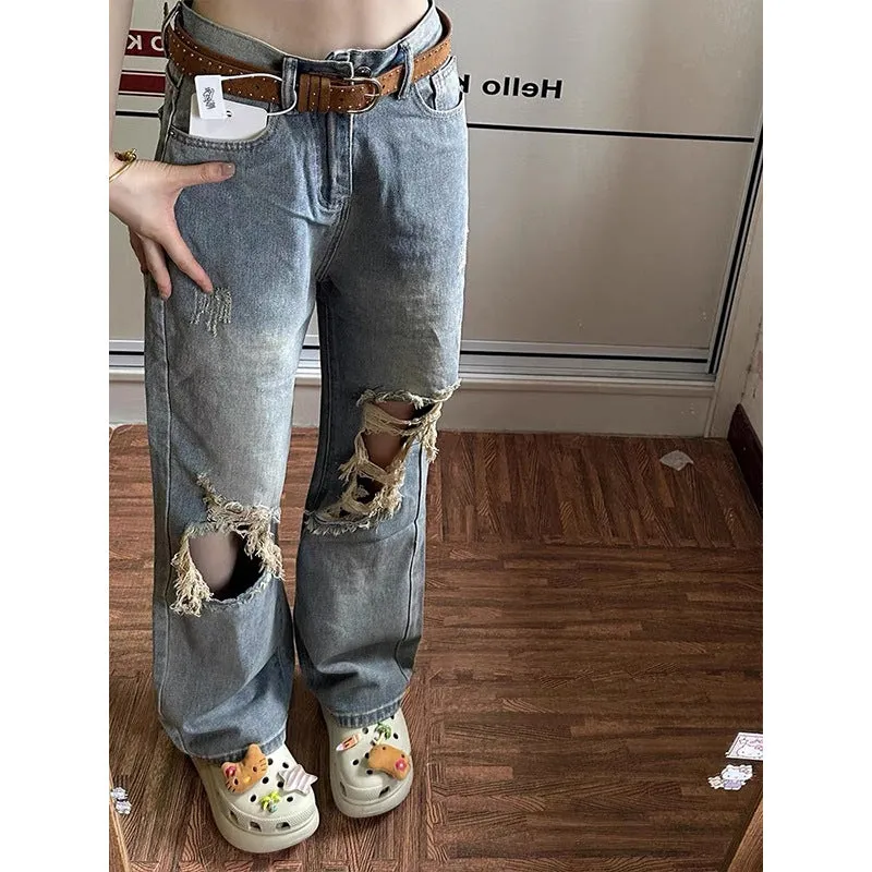 Uniwim cowgirl outfits American Retro Distressed Ripped Jeans Women's Autumn 2024 High Waist Loose Slimming Straight Wide Leg Trousers