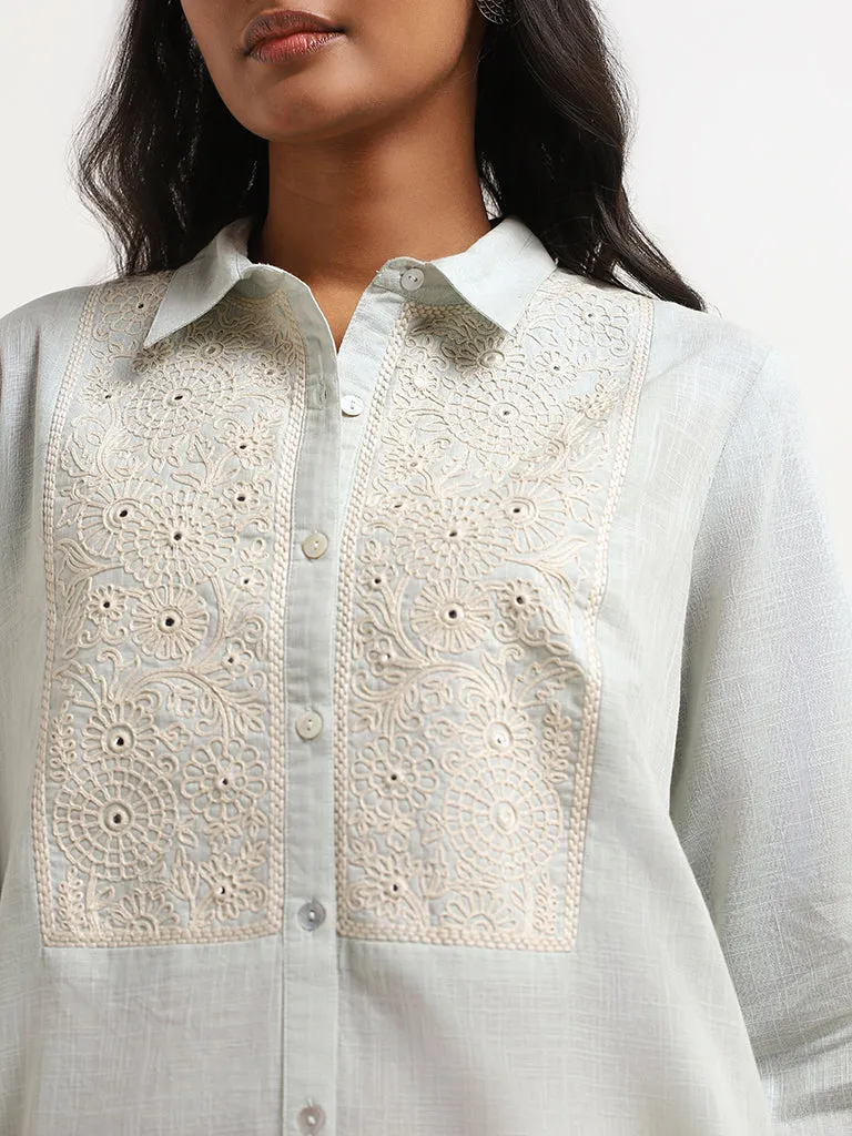 Utsa Light Blue Embroidered Cotton Tunic