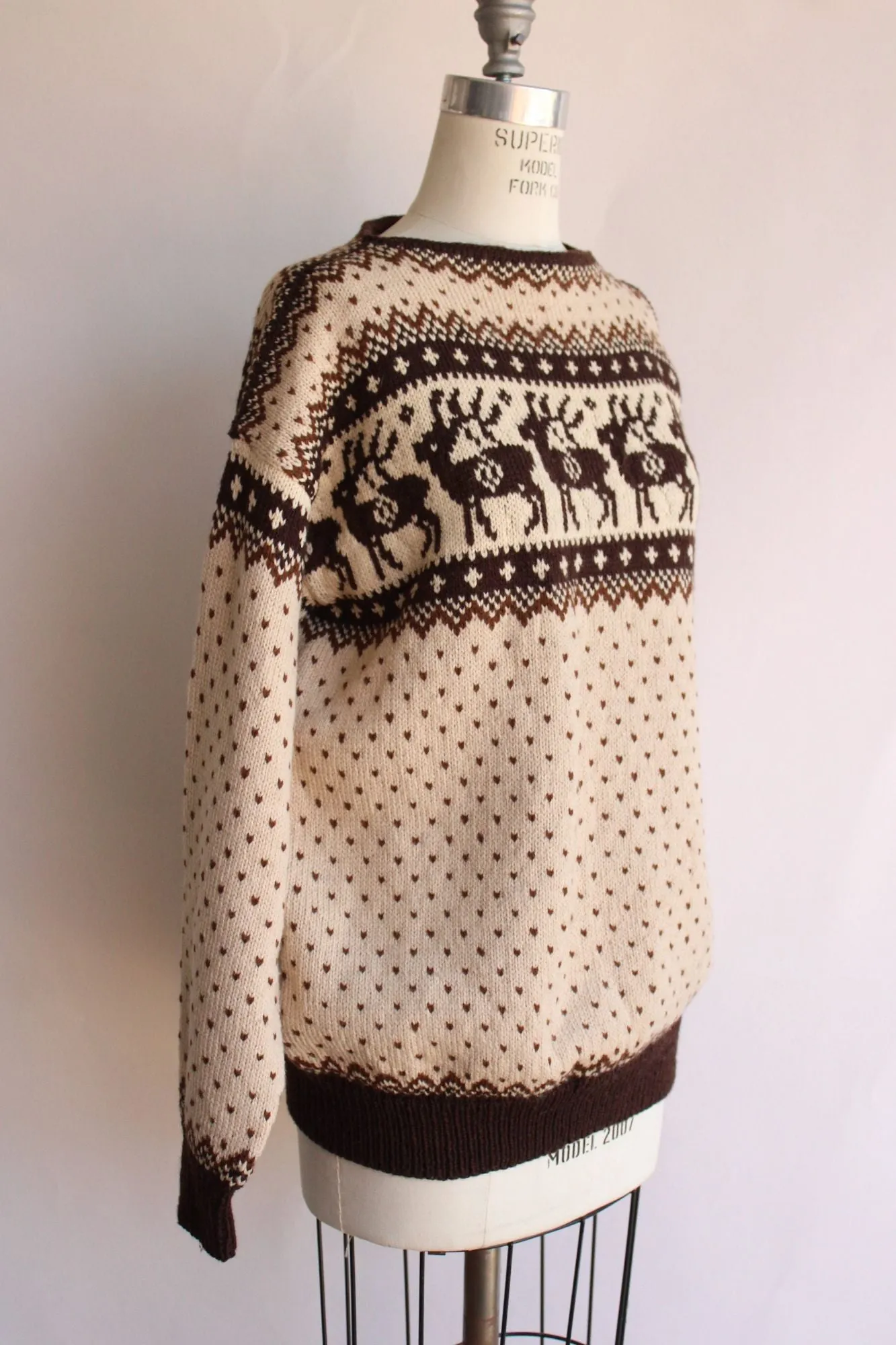 Vintage 1970s Lulle Otterstad Nordic Reindeer Pattern Brown and Cream Wool Sweater