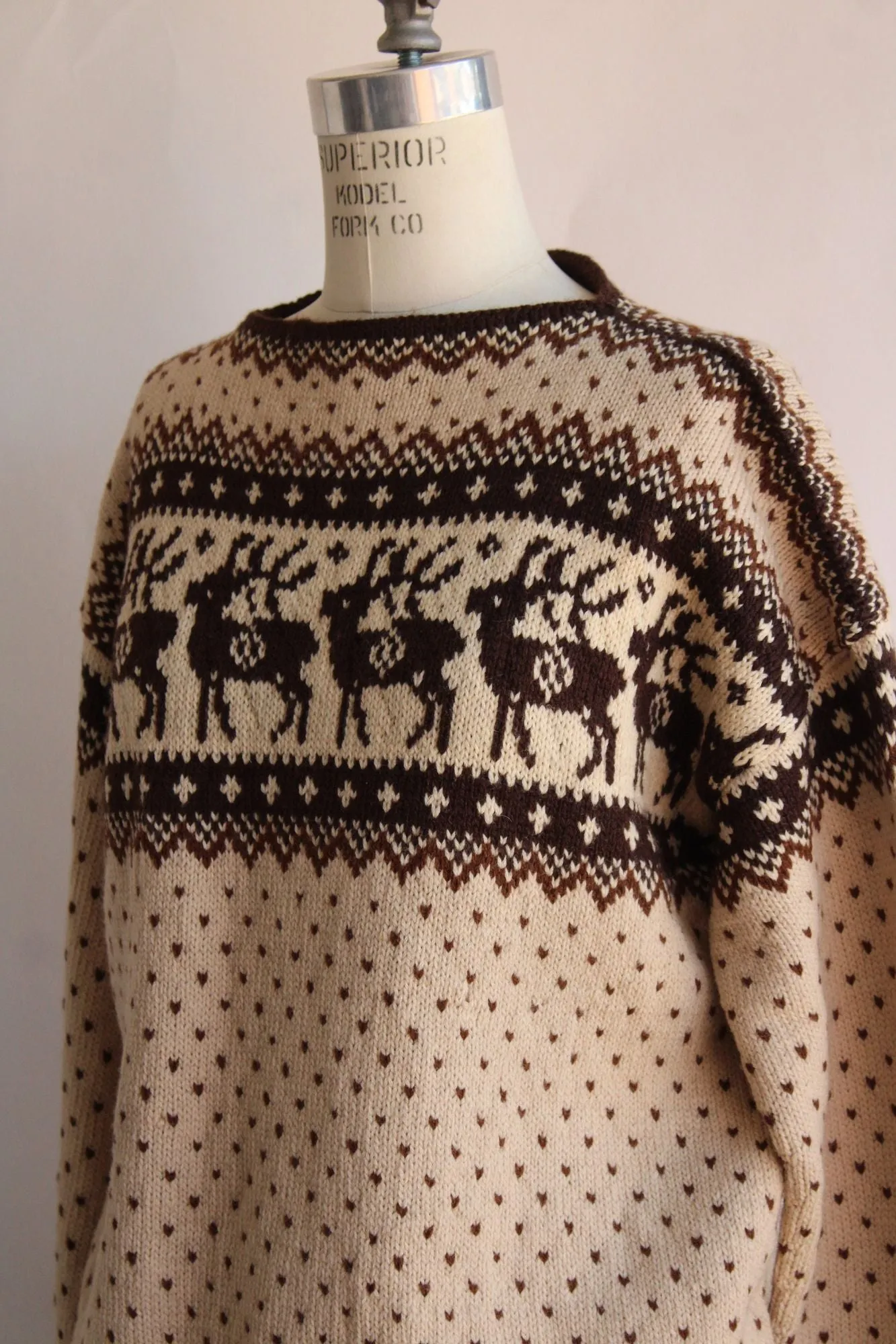 Vintage 1970s Lulle Otterstad Nordic Reindeer Pattern Brown and Cream Wool Sweater