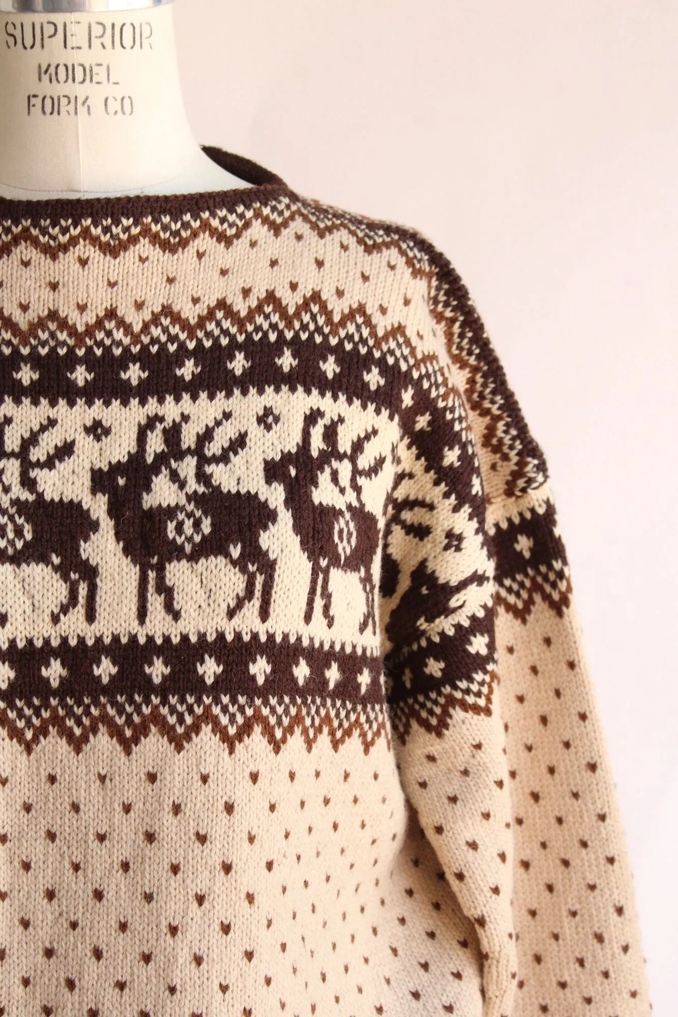 Vintage 1970s Lulle Otterstad Nordic Reindeer Pattern Brown and Cream Wool Sweater