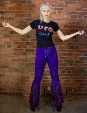 Vintage 70s Suede Front Lacing Fringe Purple and Red Bellbottom Pants Unisex 26/28x29