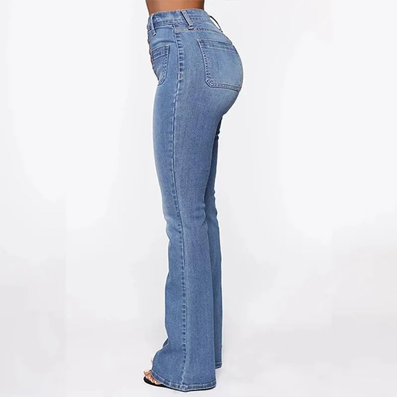 Washed High Waist Button Boot-cut Jeans