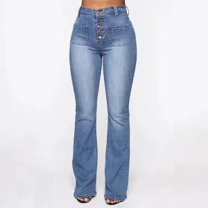 Washed High Waist Button Boot-cut Jeans