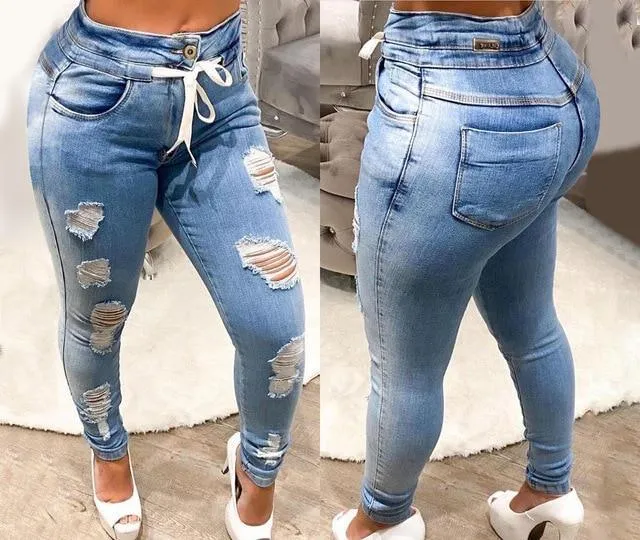 Washed Ripped Denim Pants For Women