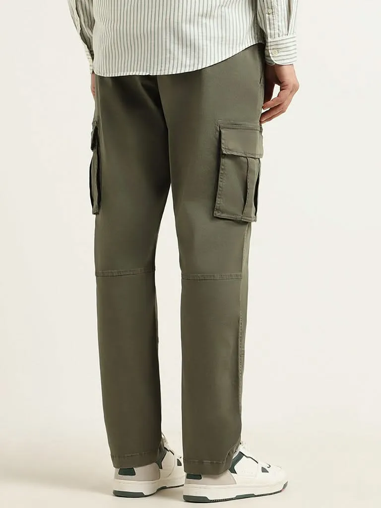 WES Casuals Plain Olive Cotton Relaxed Fit Chinos