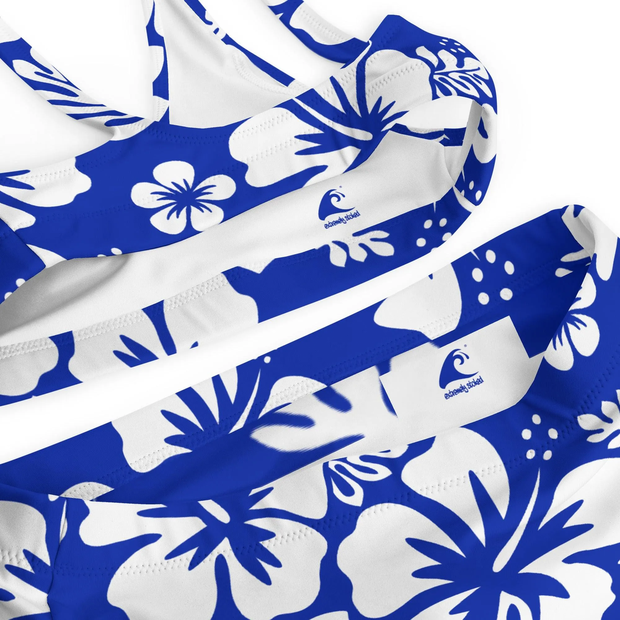 White Hawaiian Flowers on Royal Blue High Waisted Bikini