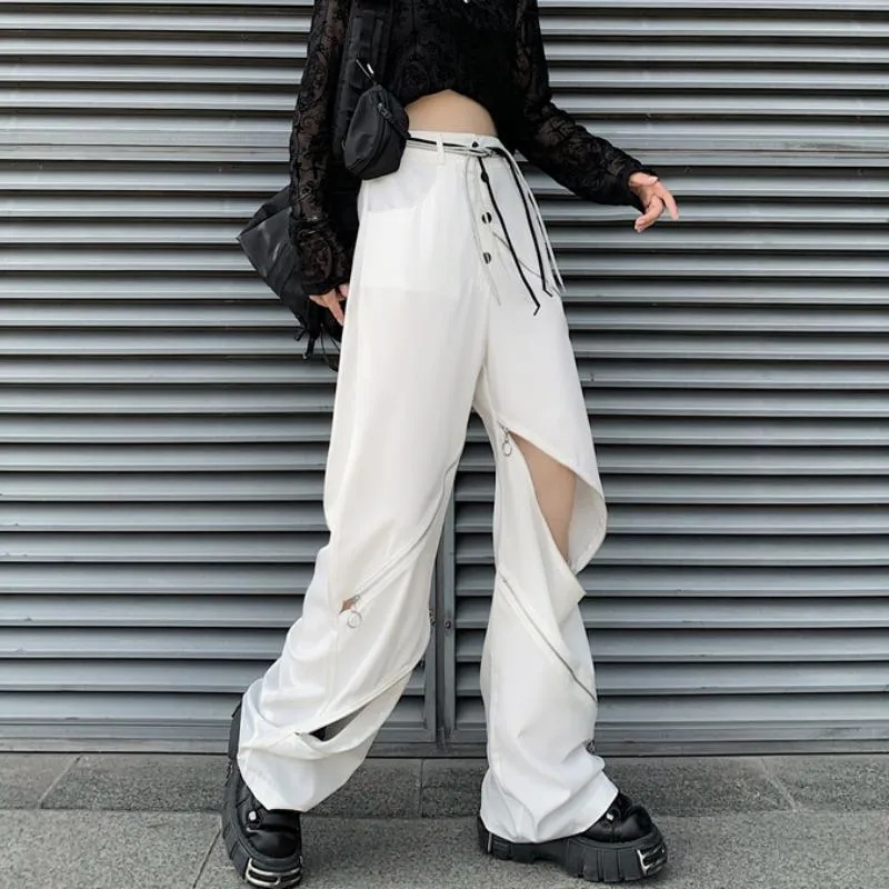 White Knee Cut Outs High Waist Wide Leg Pants