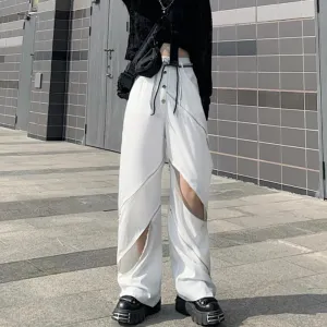 White Knee Cut Outs High Waist Wide Leg Pants