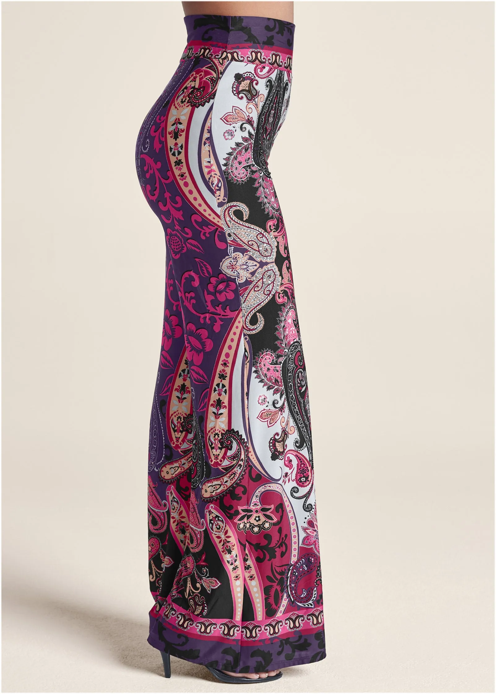 Wide Leg Paisley Print Pant - Pink Multi