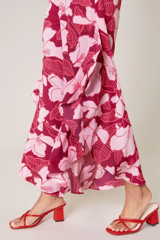 Wine-Floral Ginger Berry Asymmetrical Ruffle Pants