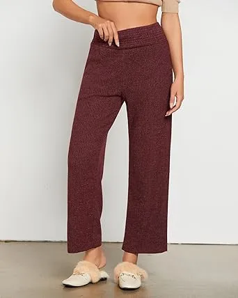 Wine Red  Women's Ankle-Length High-Waist Pants Relaxed Fit Wide-Leg Pull-On Side Pocket