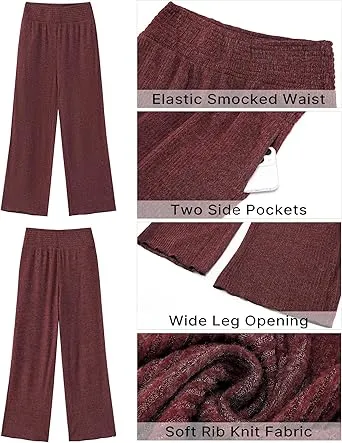 Wine Red  Women's Ankle-Length High-Waist Pants Relaxed Fit Wide-Leg Pull-On Side Pocket