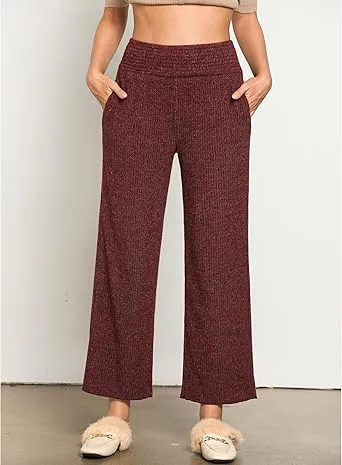 Wine Red  Women's Ankle-Length High-Waist Pants Relaxed Fit Wide-Leg Pull-On Side Pocket