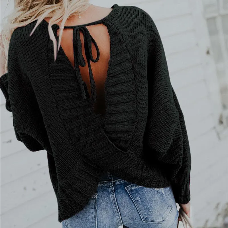 Women Backless Lace Up Sweaters