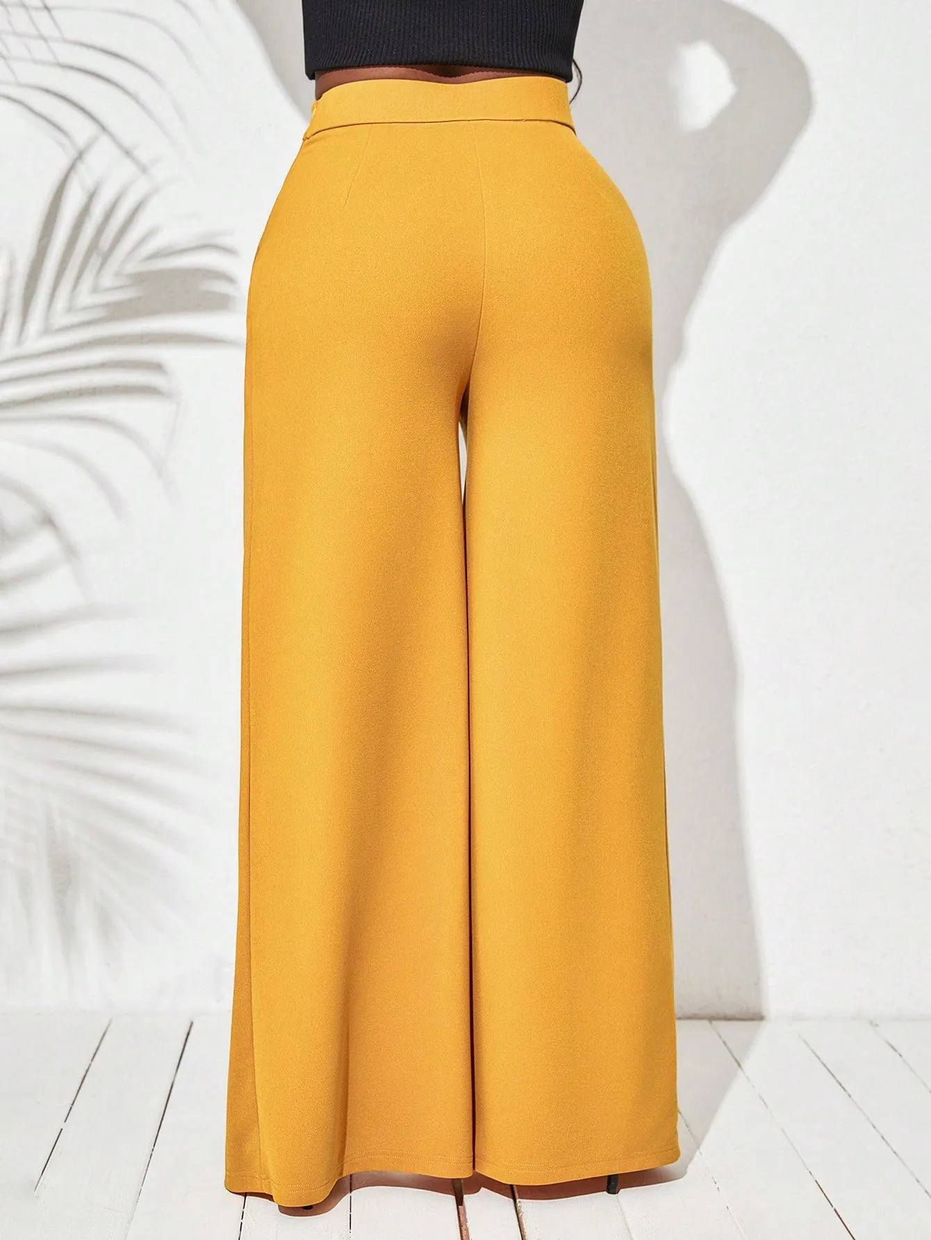 Women High Waist Wide Leg Pants With Double Side Split Hem