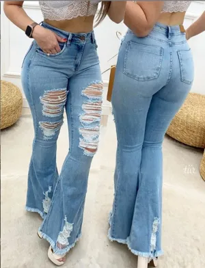 Women ripped wide leg jeans