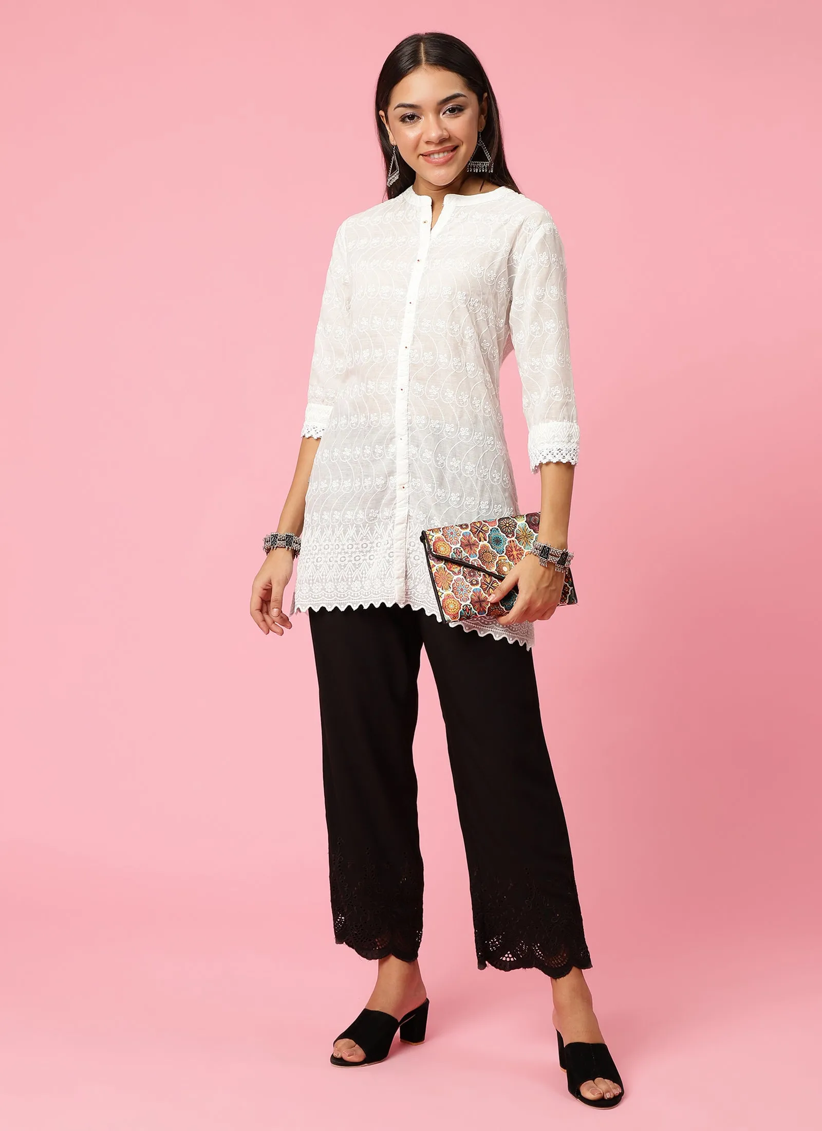 Women White Embroidered Tunic