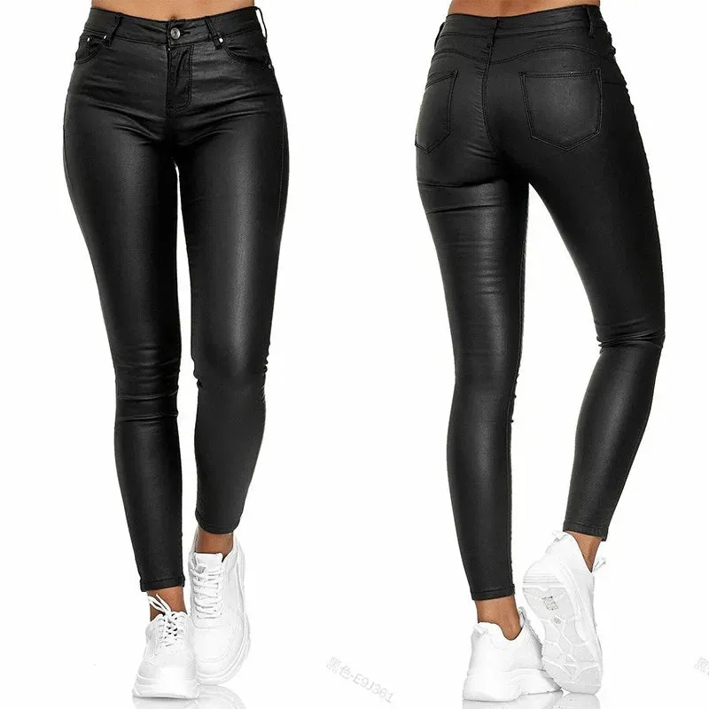 Women's High Waist PU Leather Pencil Pants – Elastic, Skinny