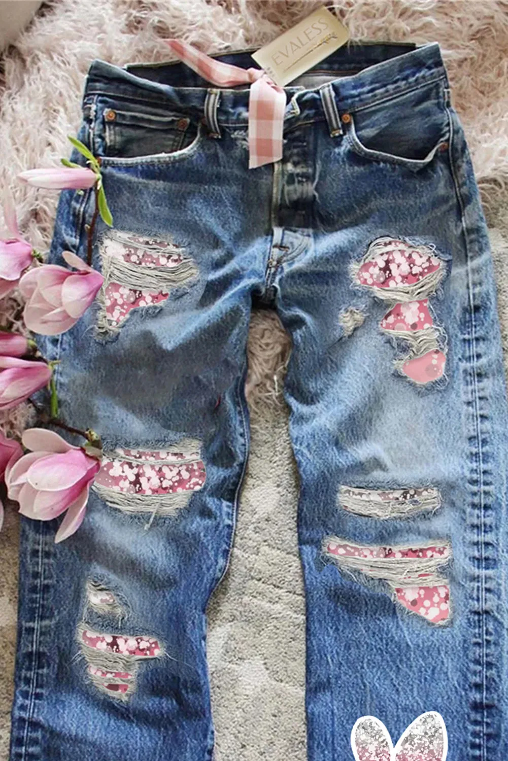 Womens Ombre Floral Print Patch Denim Pants Boyfriend Ripped Jeans