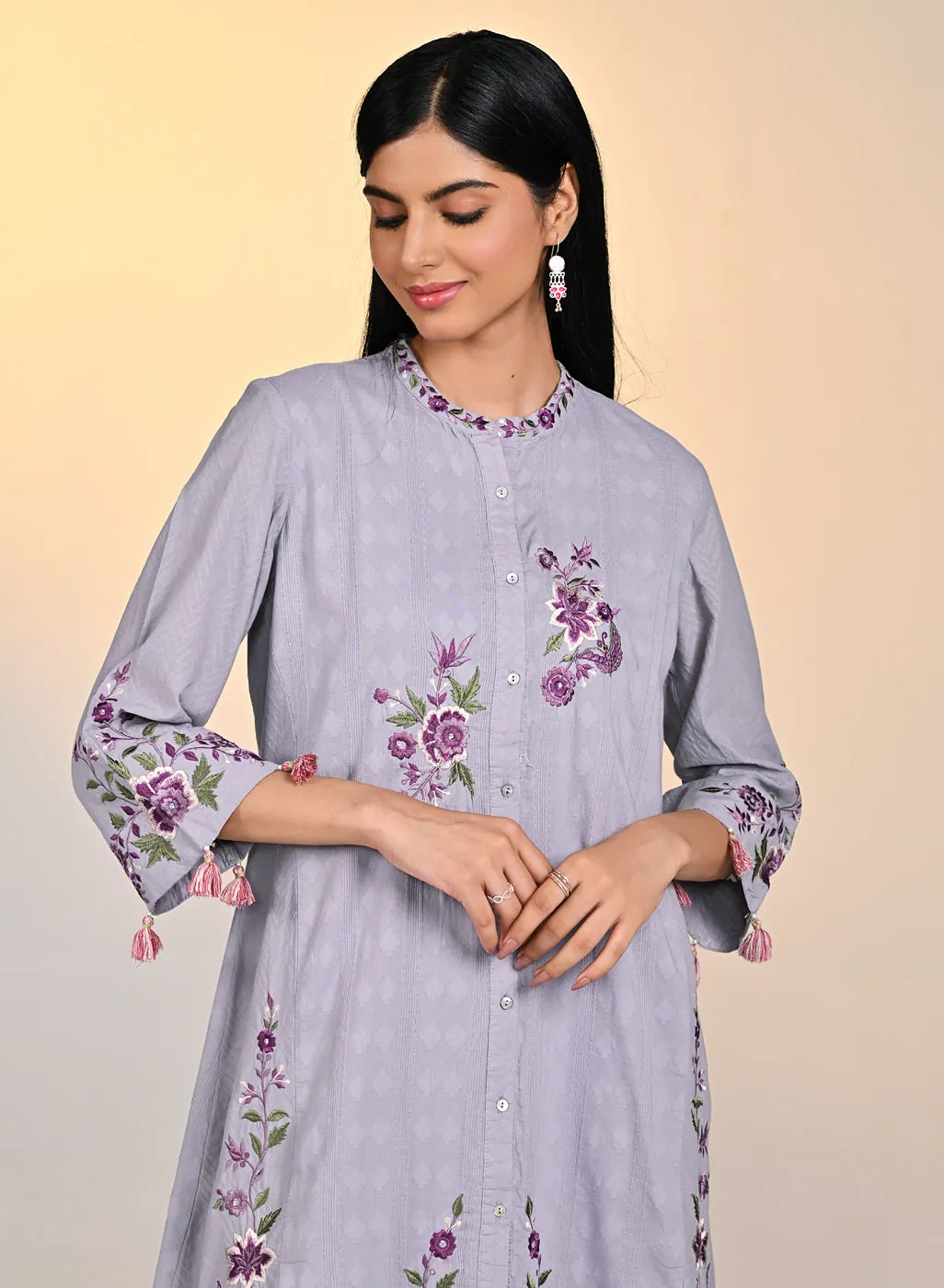 Zaheen Lavender Embroidered Cotton Jacquard Tunic for Women