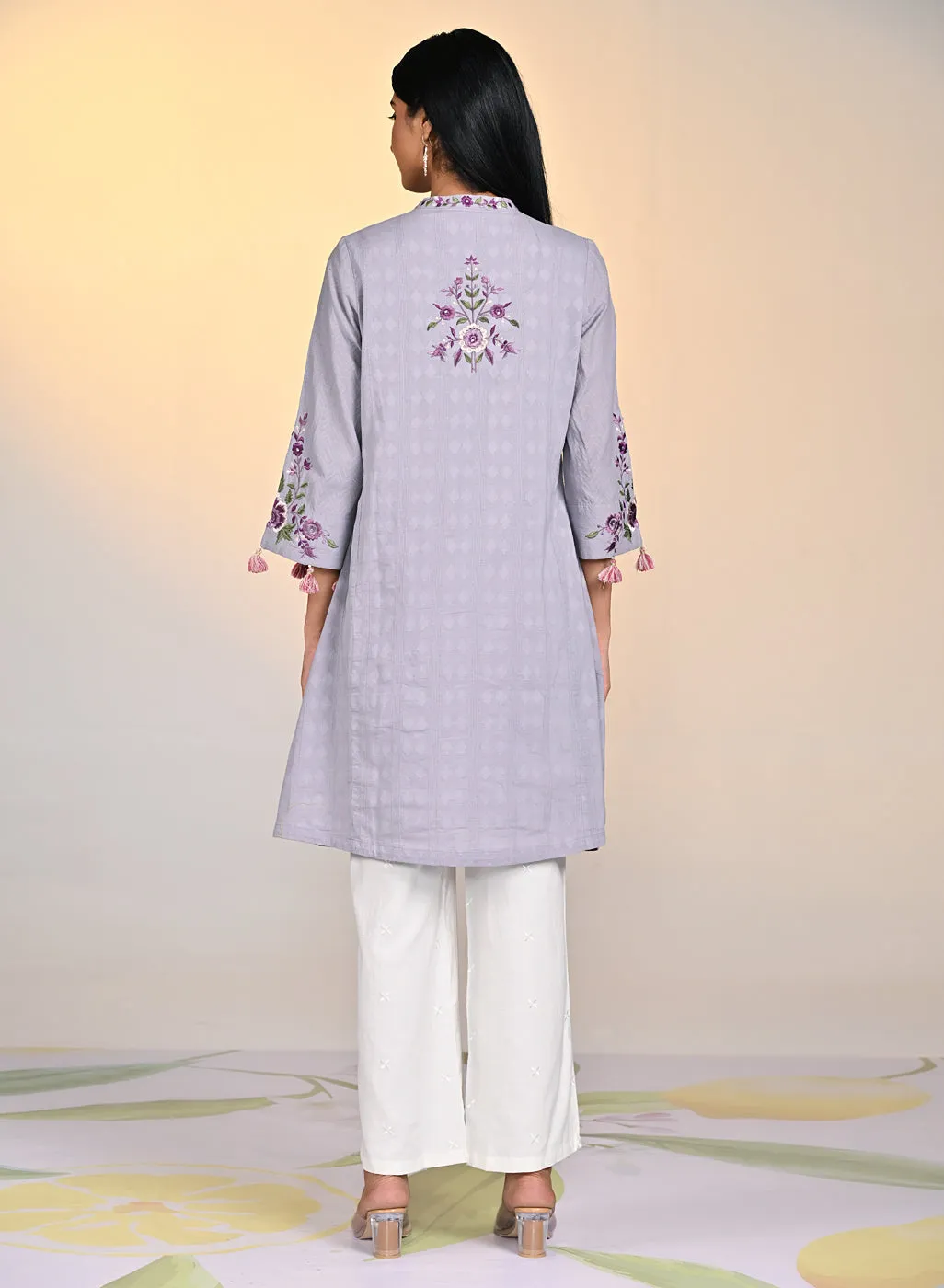 Zaheen Lavender Embroidered Cotton Jacquard Tunic for Women