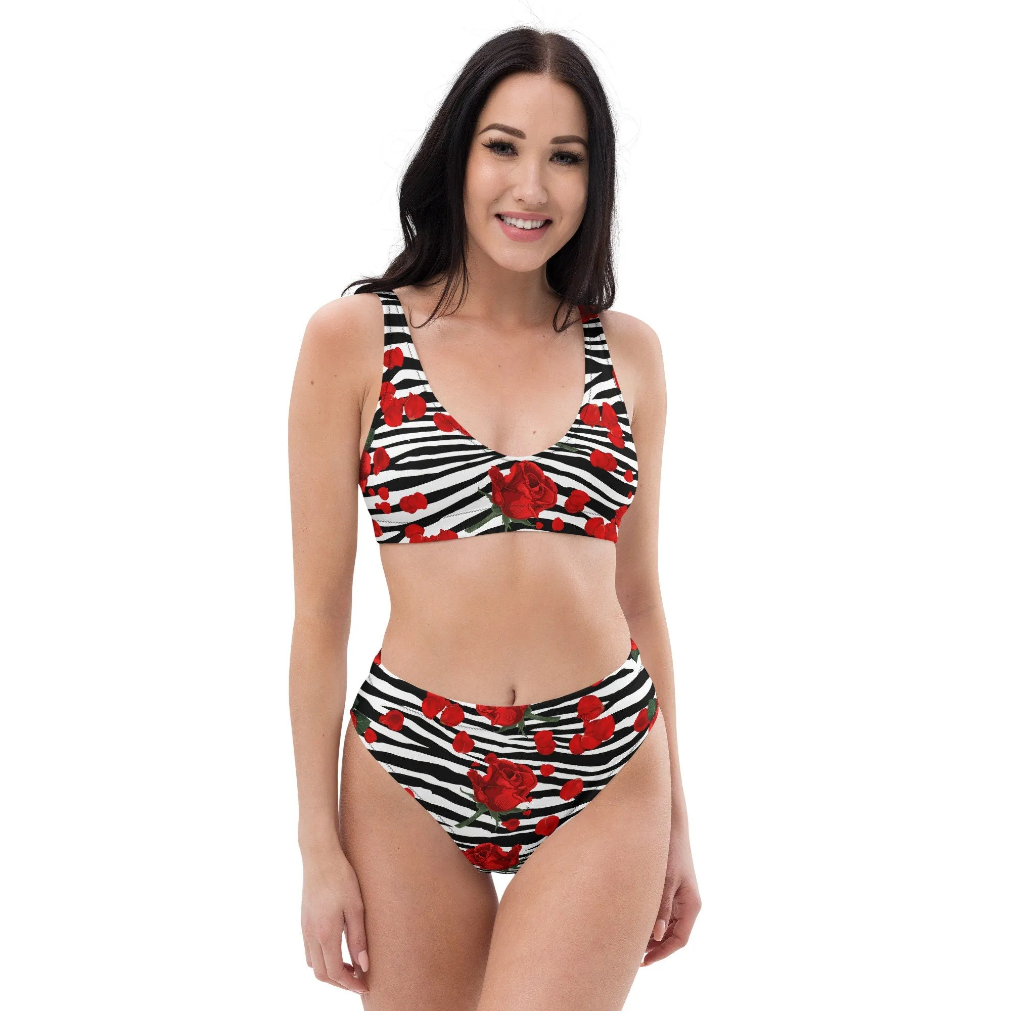 Zebra Print Red Roses Women's High Waist Bikini Swimsuit Set